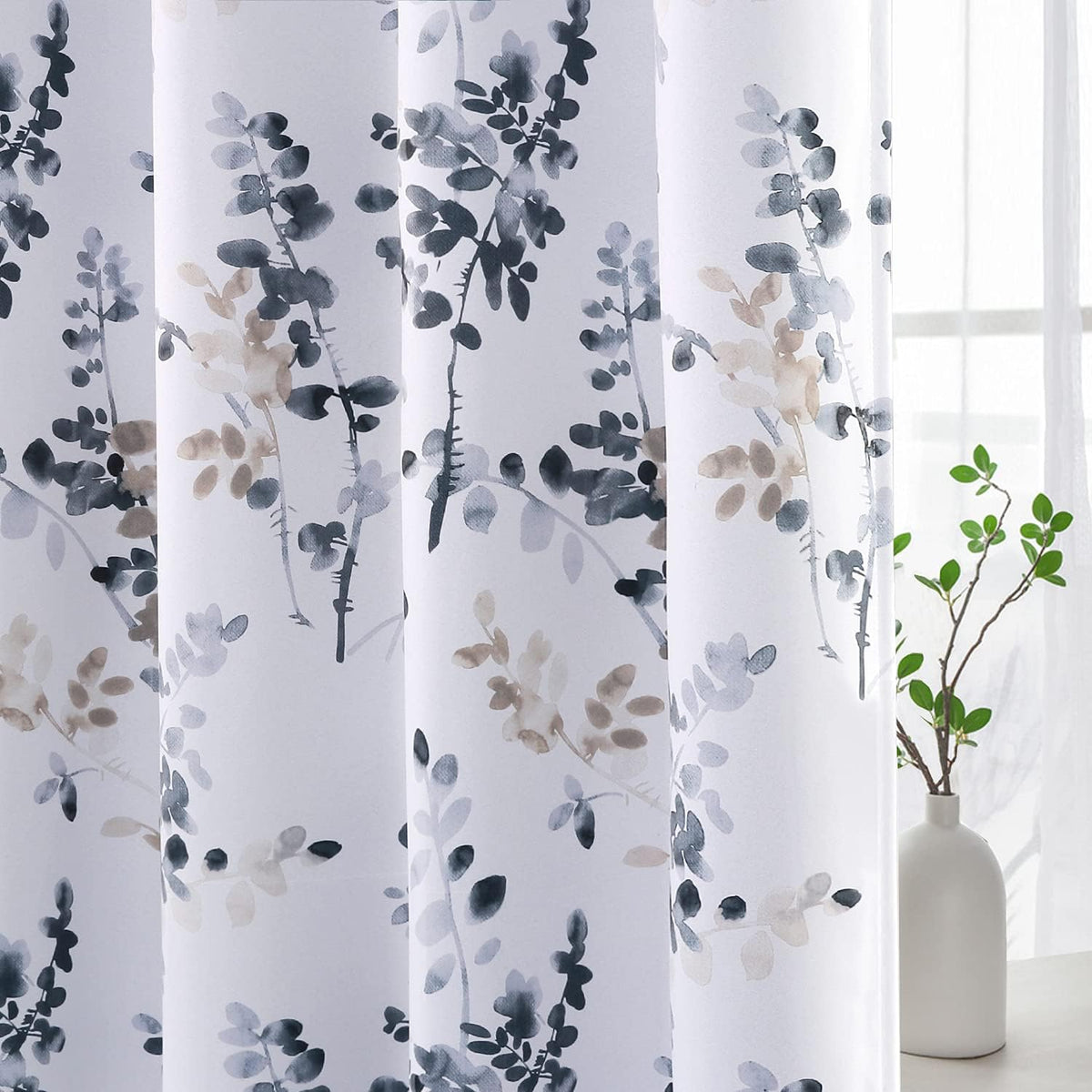 Blackout Grommet Curtains 84 Inch Long, Grey and Turquoise Floral Printing, 2 Panels K6078