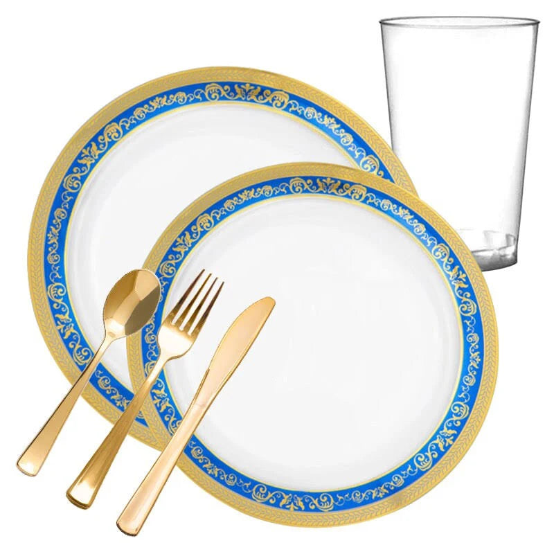 60 Settings White Blue Gold Royal Rim Plastic Wedding Value Set X782637