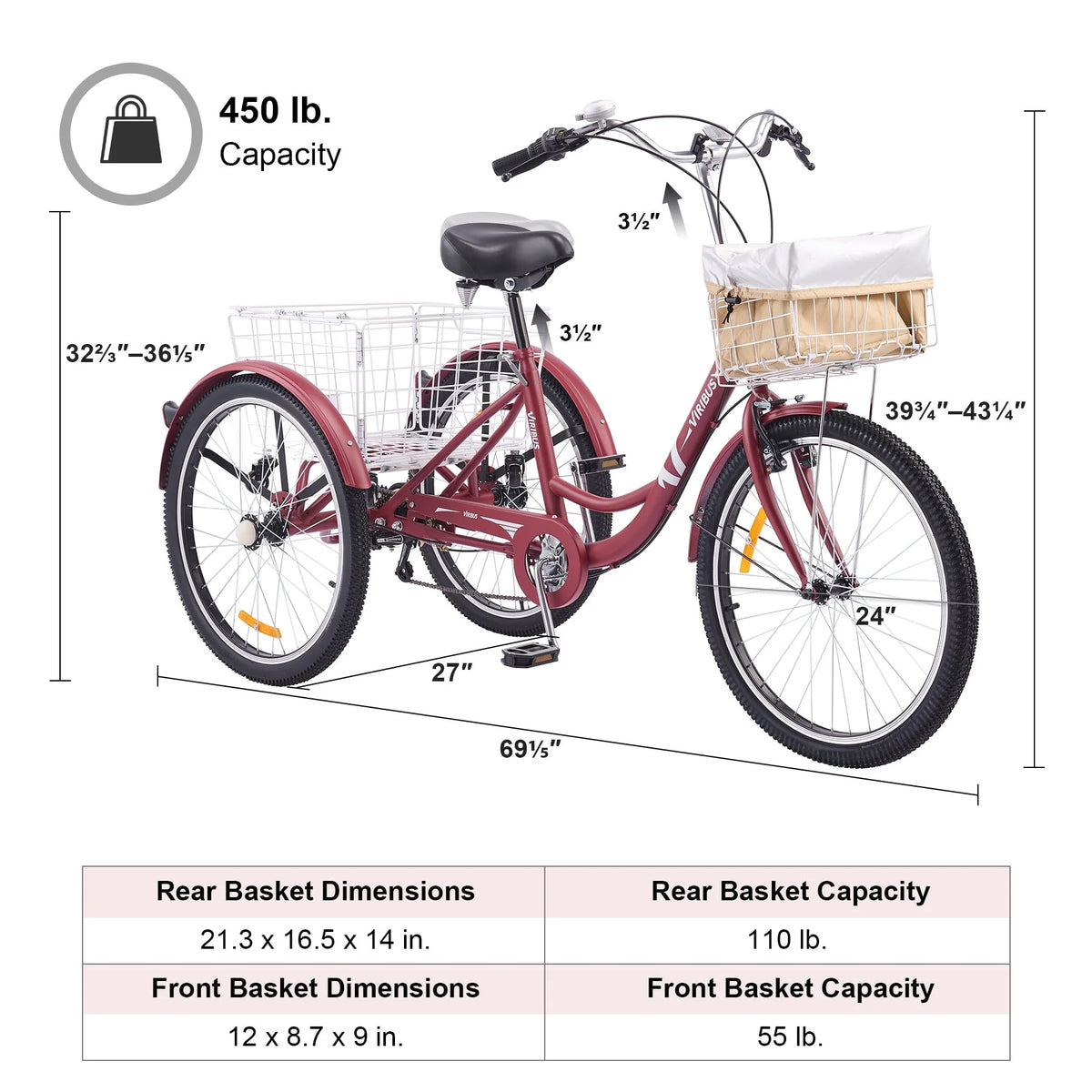 24 Inch 7 Speed Adult Trike with 2 Baskets Matte Gray J388739