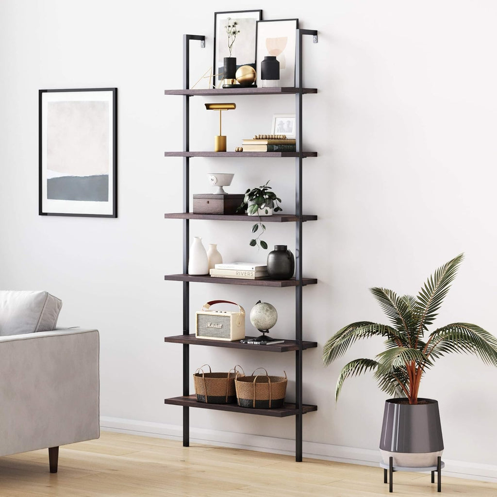 6-Shelf Tall Bookcase with Reclaimed Wood and Industrial Metal Frame, Oak/Black J6688