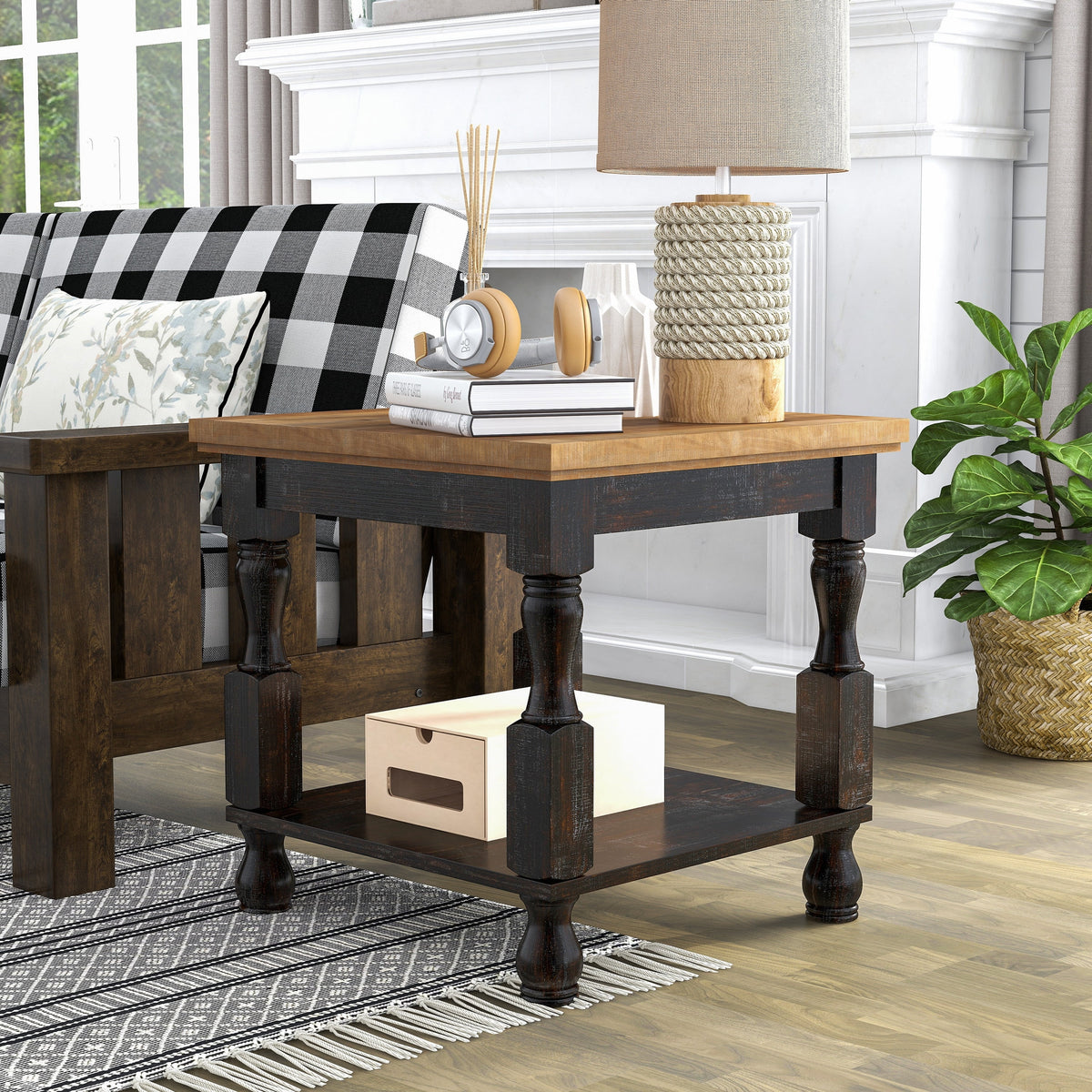 Antique Black and Oak 24-inch Pine 1-Shelf End Table N66229