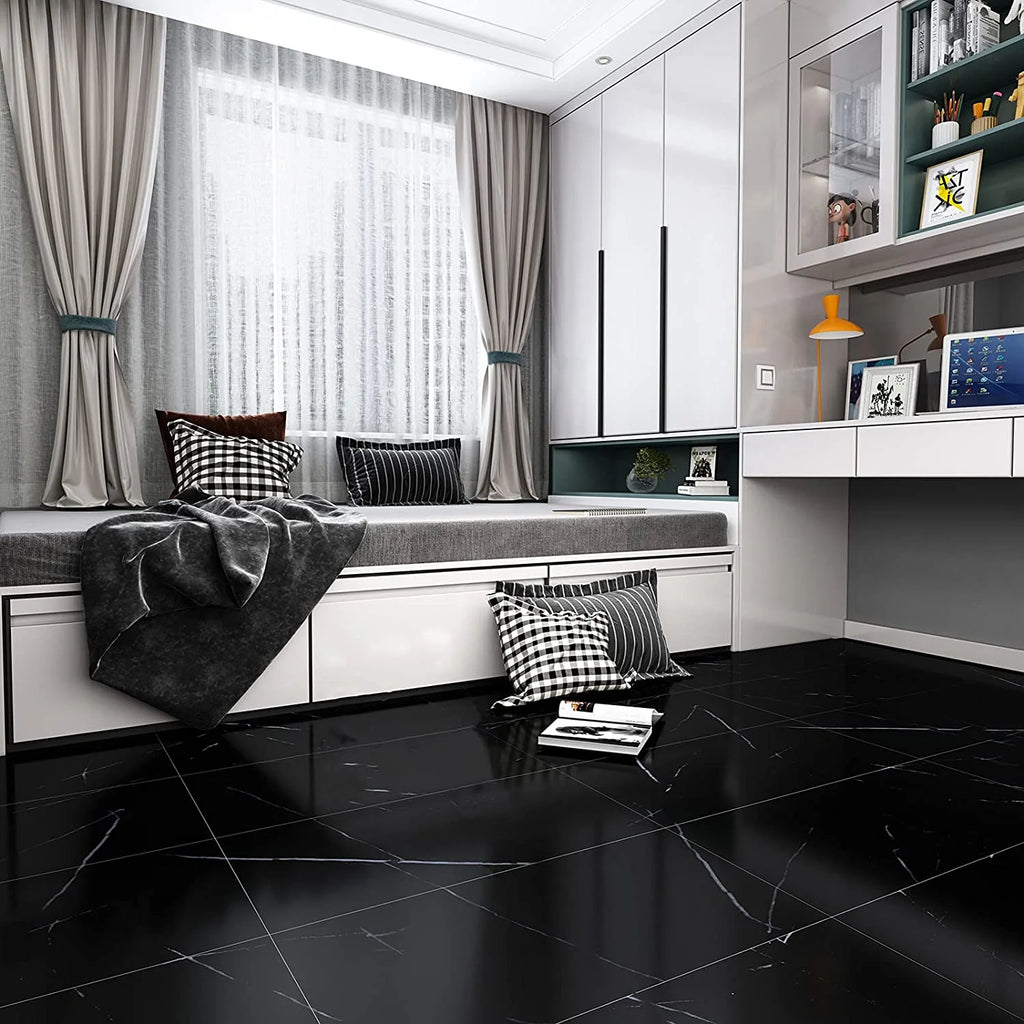 24-Pack Peel and Stick Vinyl Floor Tile 12"x24" Black Marble S3081