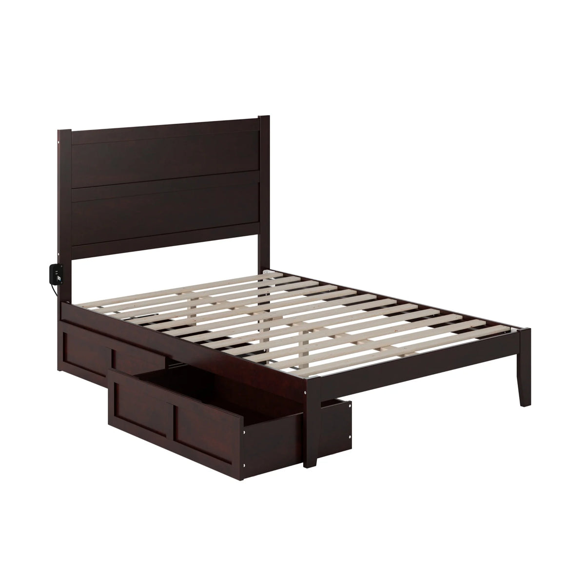 Full Solid Wood Bed with 2 Drawers and USB Charger in Espresso W65545