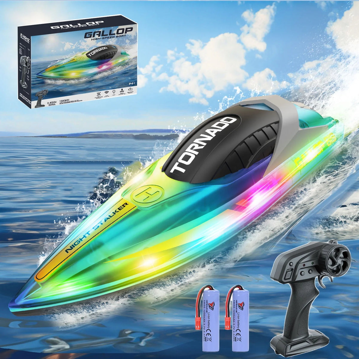 Remote Control Boat with LED Lights, 2 Rechargeable Battery K764211