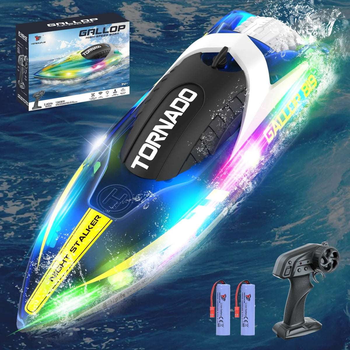 Remote Control Boat with LED Lights, 2 Rechargeable Battery K764211