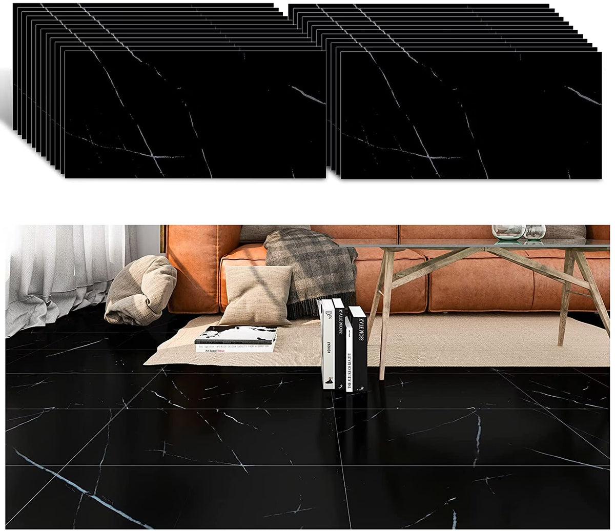 24-Pack Peel and Stick Vinyl Floor Tile 12"x24" Black Marble S3081