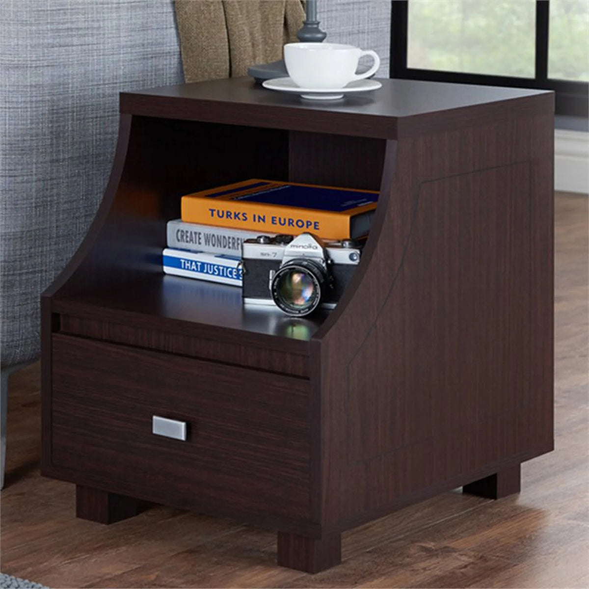 Walnut Wood Storage End Table Set of 2 Q263