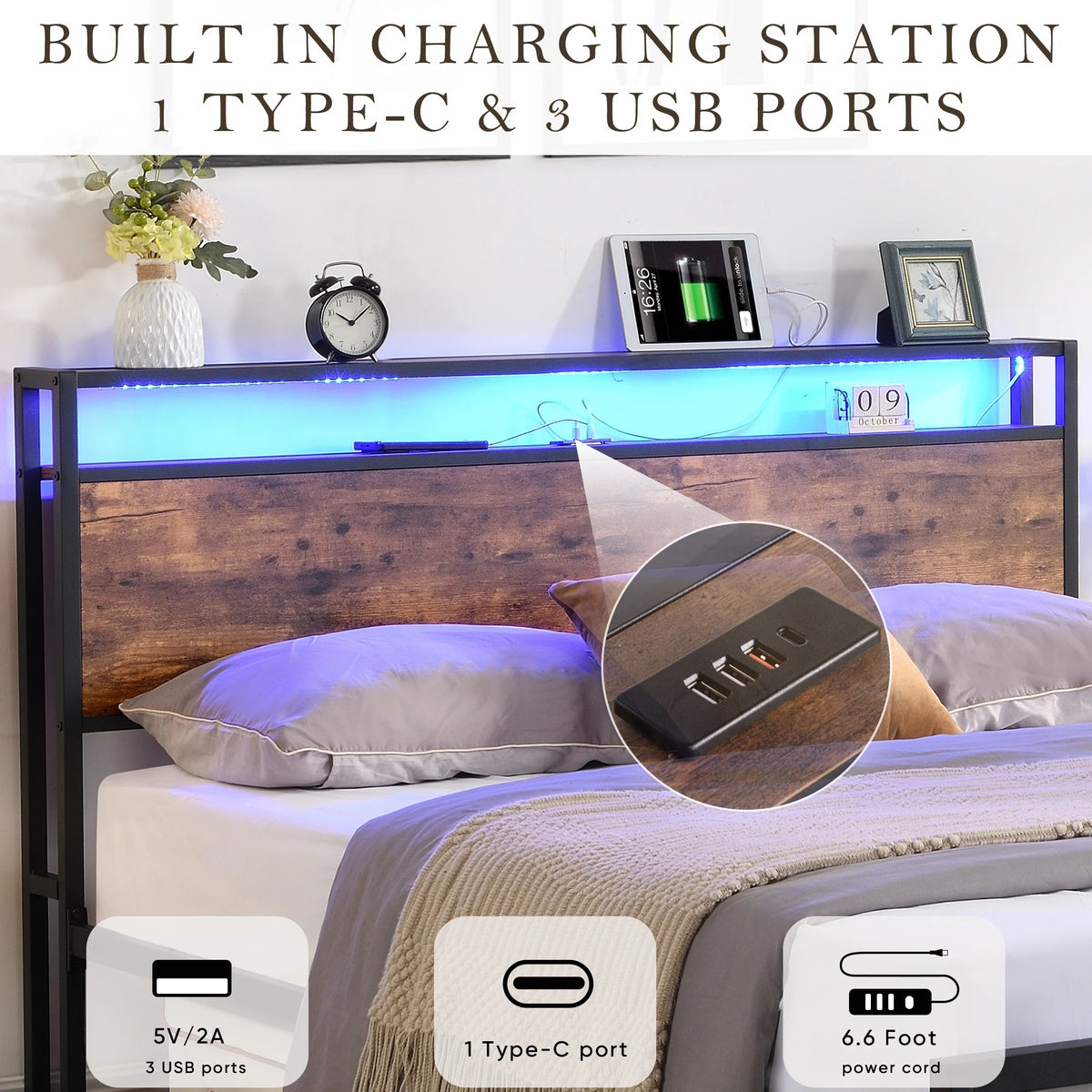 Full Size Platform Bed Frame with LED Lights & 2 Drawers O85104