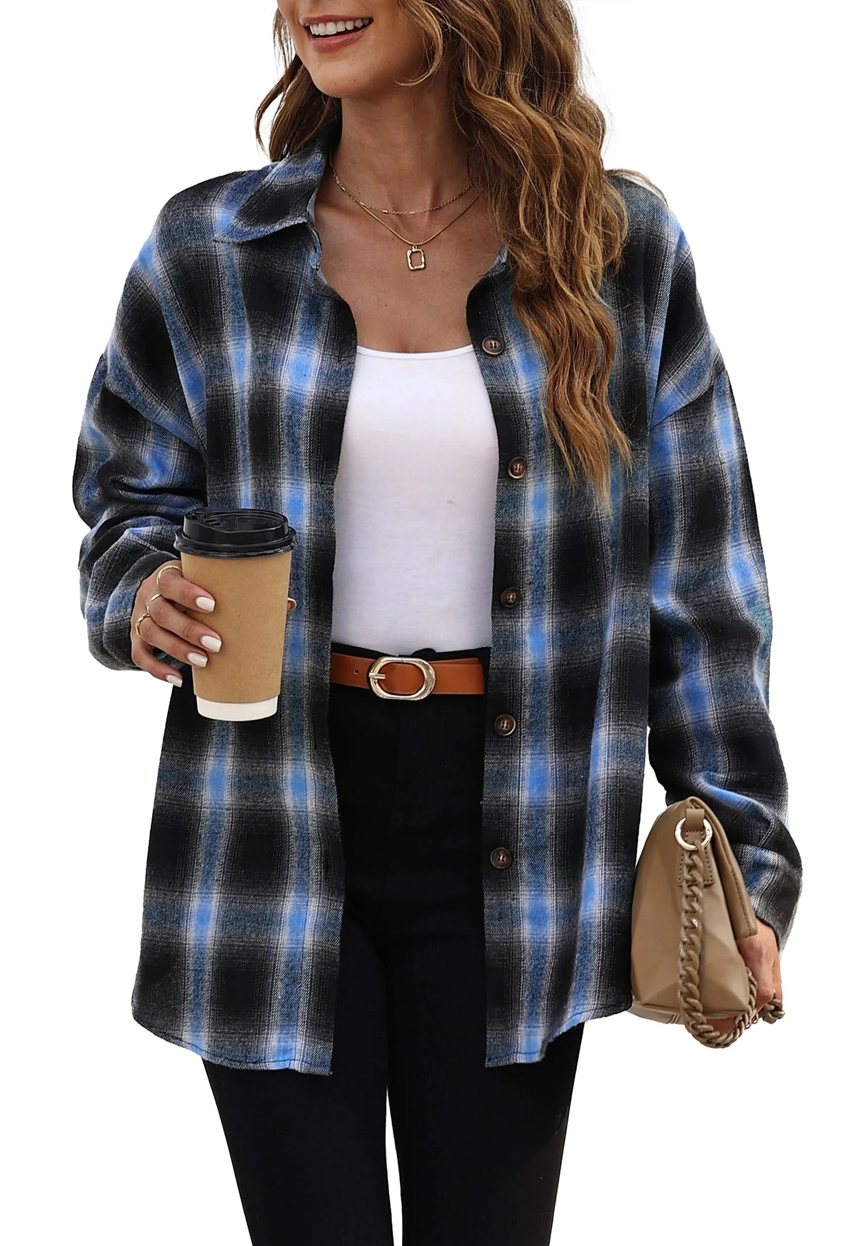 Plaid Flannel Oversized Long Sleeve Button Down Shirt S580651