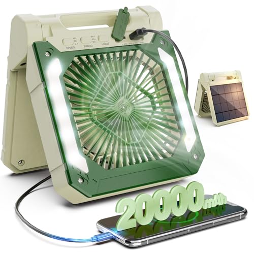 20000mAh Portable Rechargeable Fan with Solar Panel, 3 Speeds, LED Lantern, Timer, USB-C, Green D364