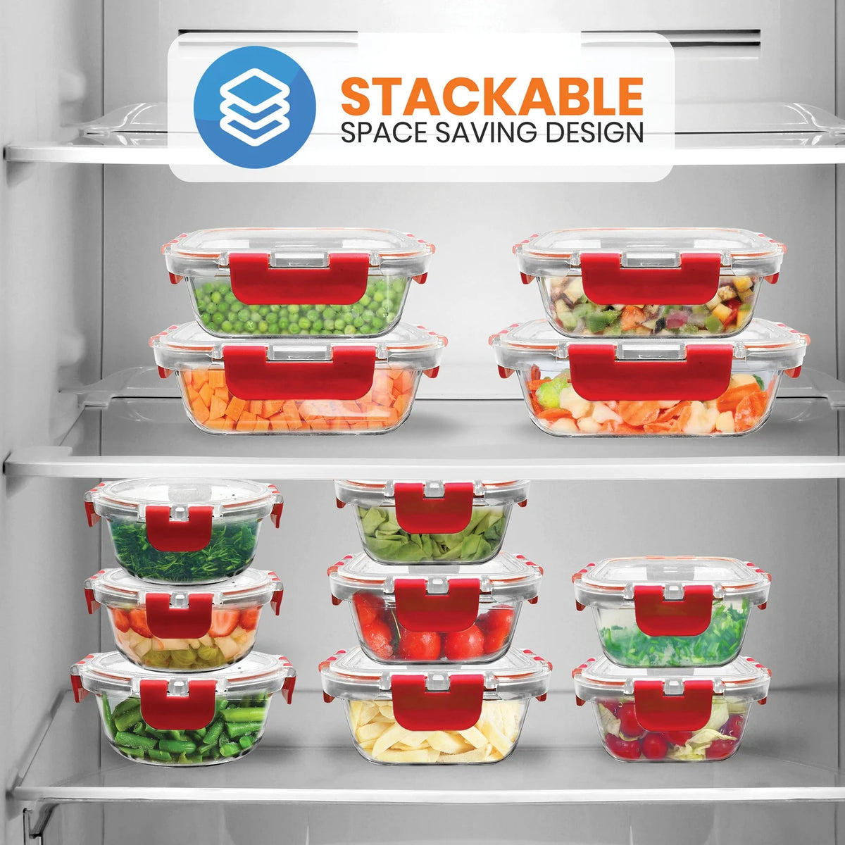 24-Piece Glass Food Storage Set with Locking Hinge Red Lids Y698