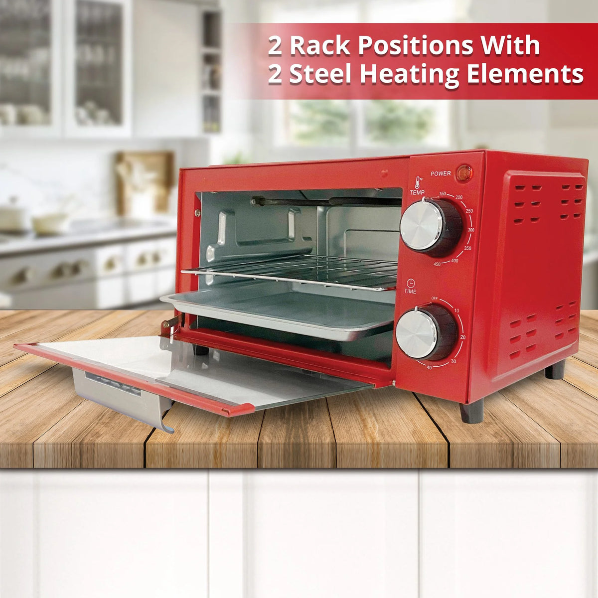 750W Red 4 Slice Toaster Oven with Baking Tray V24357