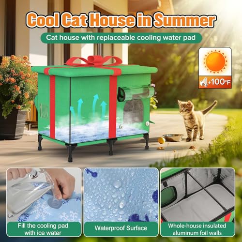 Weatherproof Insulated Outdoor Cat House with Heated Pad and Cooling Pad U428048