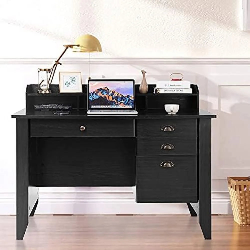 Brown Wooden Computer Desk with 4 Drawers and Bookshelf Q833