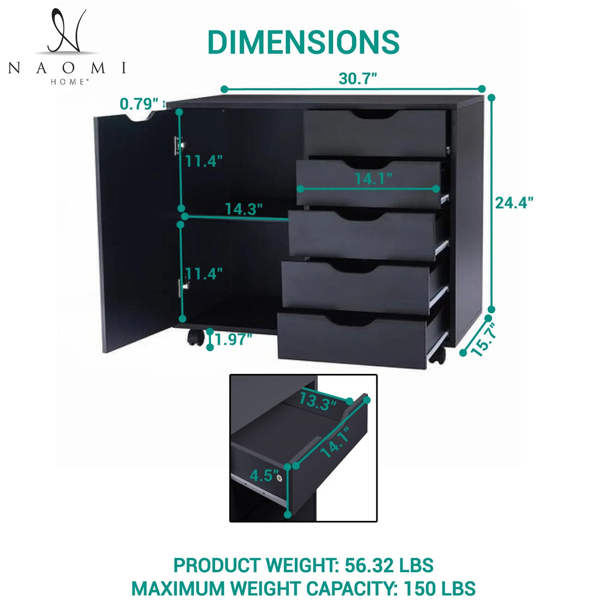 Black 5 Drawer File Cabinet with Wheels B871