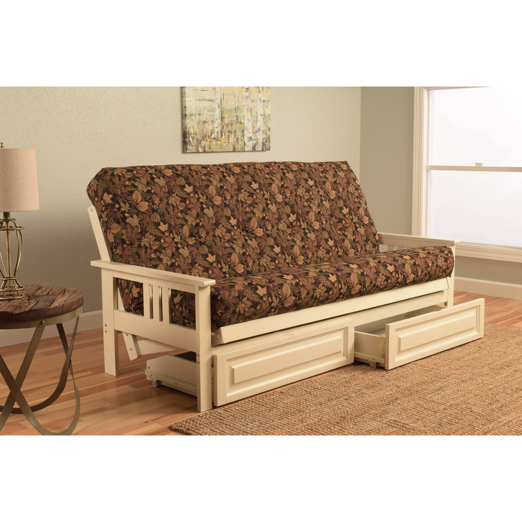 Antique White Full Futon with Mattress & Storage Drawers I4186