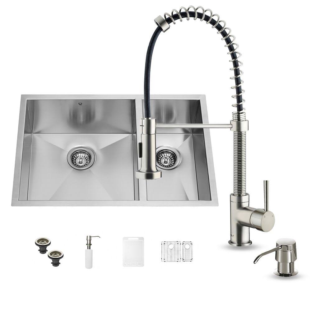Undermount Stainless Steel Kitchen Sink with Faucet, Grid, Two Strainers and Dispenser W387