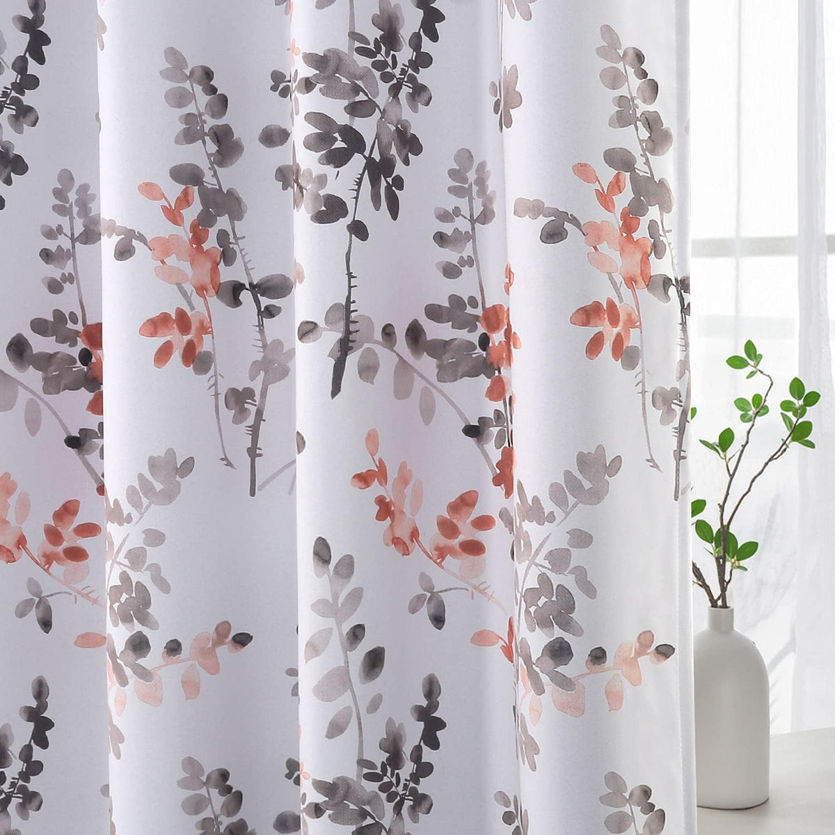 Blackout Grommet Curtains 84 Inch Long, Grey and Turquoise Floral Printing, 2 Panels K6078
